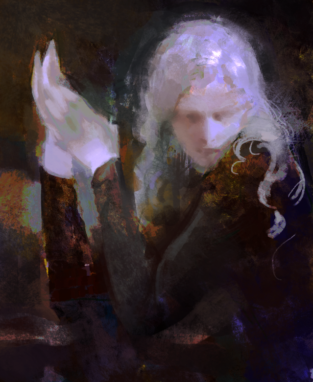 a digital painting of a woman with long white hair in a dark cloak, her face is mostly obscured by the shadows but her eyes glow with light. she has one gloved hand raised. it is a very stylized, painterly piece with a moody and mysterious tone.