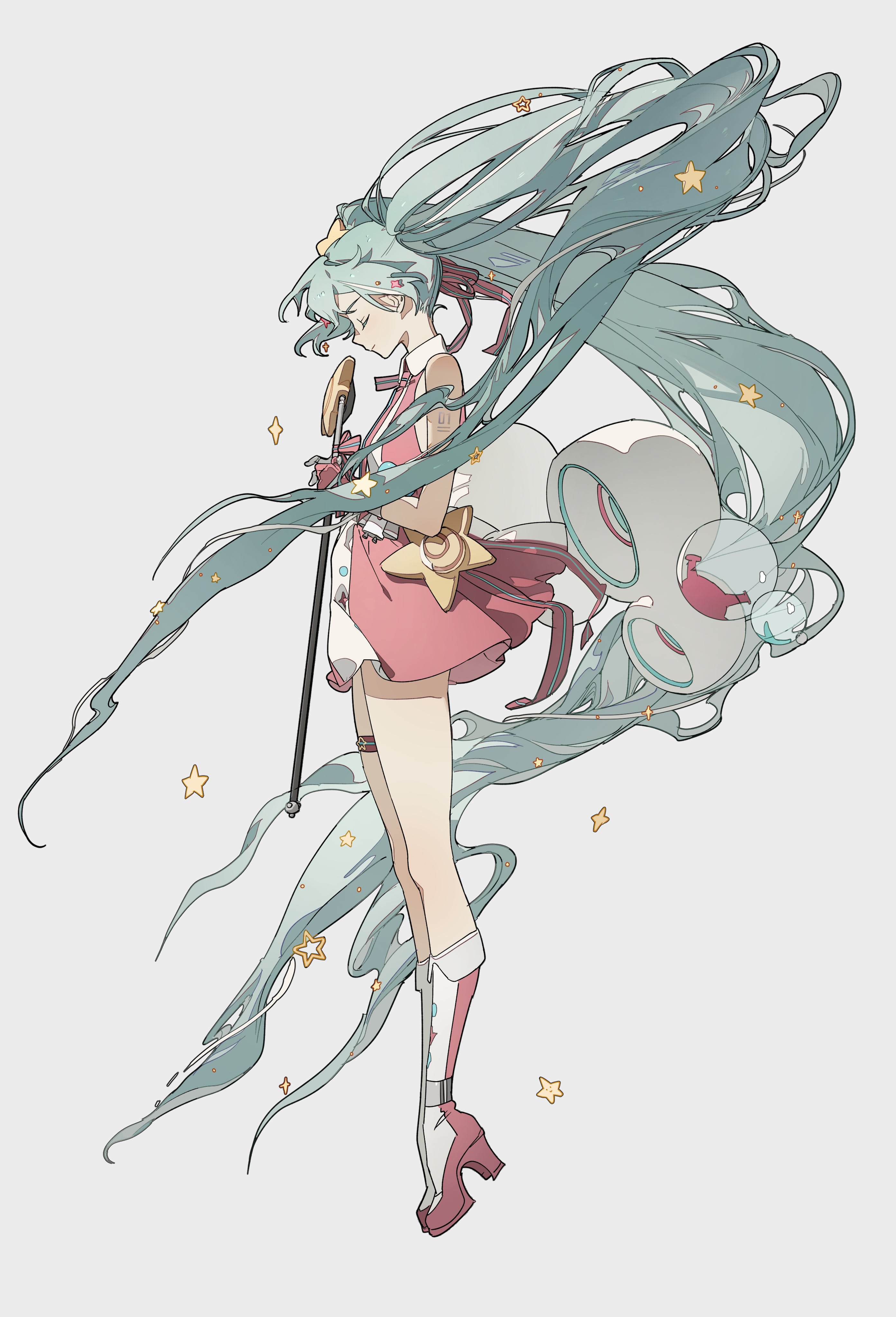 the image is a digital illustration or drawing of hatsune miku, a popular vocaloid character. she's depicted in a stylized, whimsical manner.  miku is wearing a pink and white dress adorned with star details, and highheeled boots. her long teal hair flows dramatically around her, with small stars scattered throughout the background and hair. she seems to be holding a microphone or wand, and her overall appearance suggests a magical girl aesthetic or a performancerelated context. the art style is soft and slightly ethereal, utilizing pastel colors and flowing lines to create a dreamy and charming atmosphere. the overall composition is elegant and suggestive of movement and fantasy.