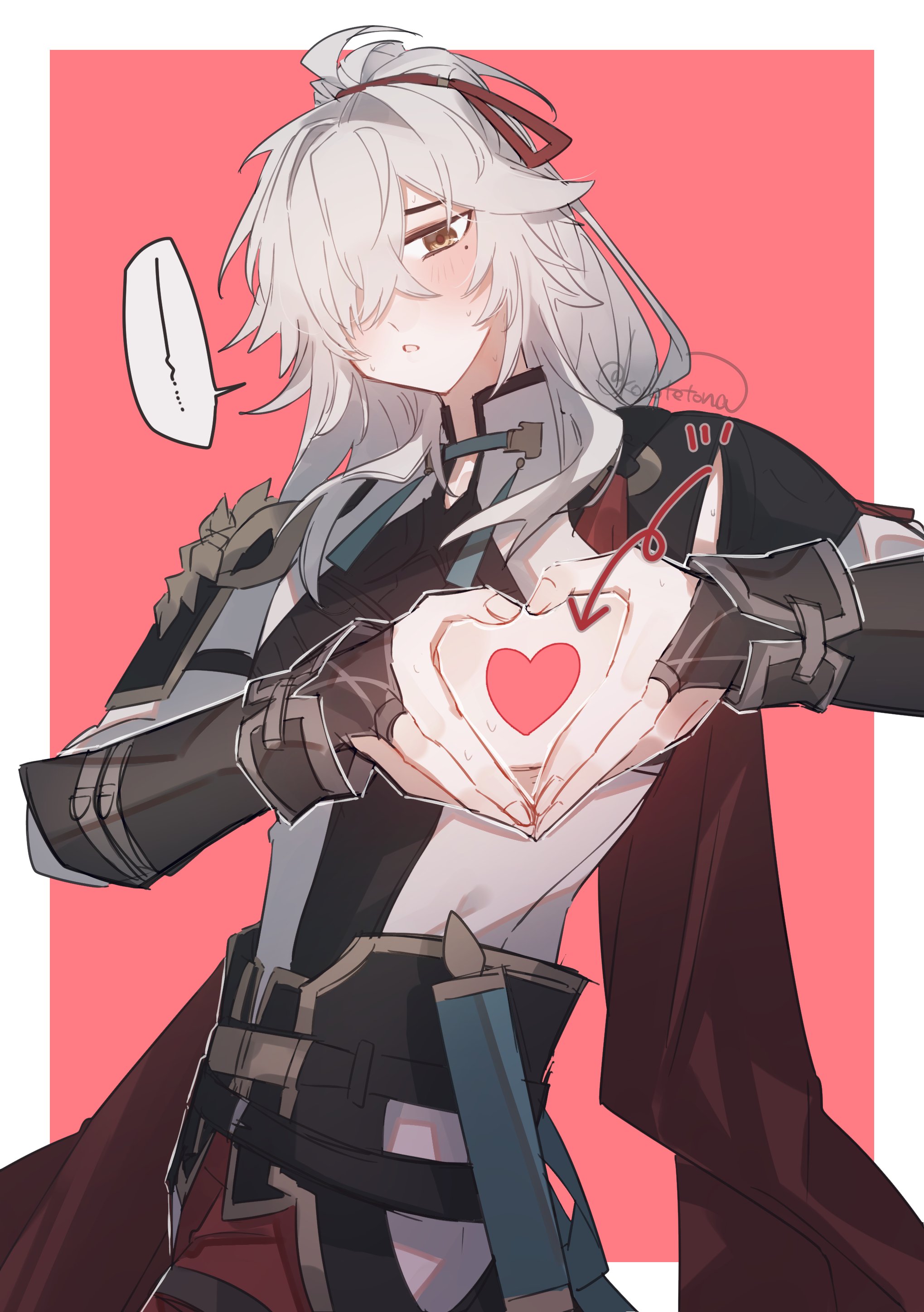 a digital art illustration of a male anime character with white hair, red eyes, and a smile. he is making a heart shape with his hands and blushing. he is dressed in a dark outfit with a sword. the background is a light pink. the character's name is scaramouche from the game "genshin impact".  the image is labeled "totona" in the upper right corner, which may be the artist's signature. the image is a fan art of the character.