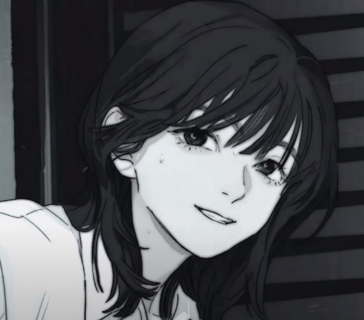 the image features a black and white illustration of a young woman with short, dark hair styled in a bob. she is smiling gently and her eyes are expressive. the style of the drawing resembles manga or anime. the lighting is soft, creating a grayscale effect. the perspective is a closeup, focusing on the woman's face and upper body. the background is dark with vertical lines, suggesting an indoor setting.