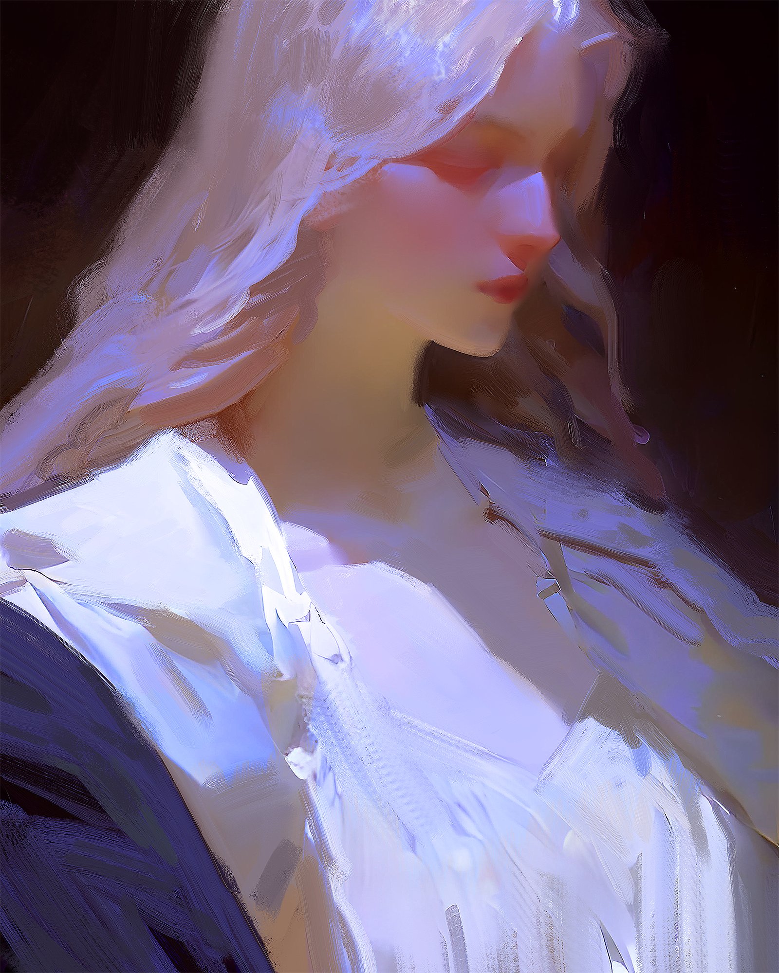 a closeup portrait of a woman with flowing blonde hair, her face bathed in soft blue and purple light. she wears a white gown that drapes elegantly around her, emphasizing the delicate curves of her figure. the painting captures a sense of ethereal beauty and a melancholic, wistful mood. her eyes seem to gaze into the distance, lost in thought. the overall effect is dreamlike and romantic, creating a sense of mystery and allure.