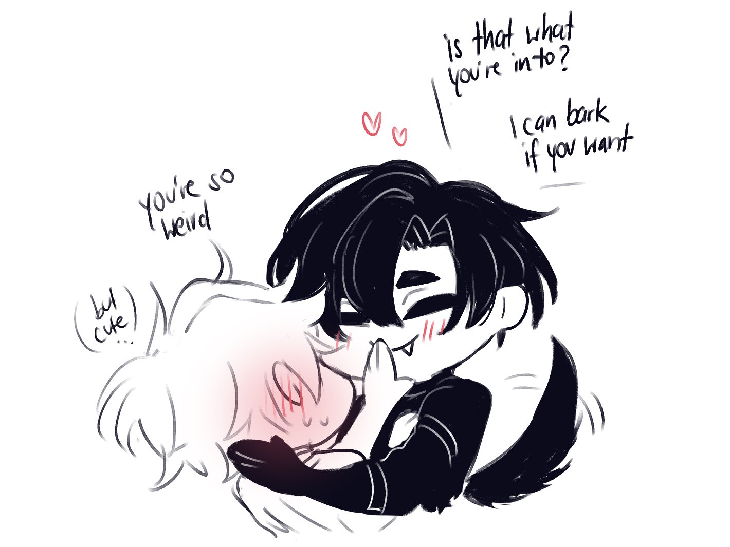 an image of two anime boys drawn in a simple cartoon style. the boy with black hair is hugging the boy with white hair. they both have blush on their cheeks and are smiling. the boy with black hair is saying "is that what you're into? i can bark if you want" while the boy with white hair says "but cute... you're so weird." the background is white and simple, with hearts floating above the boy with black hair.