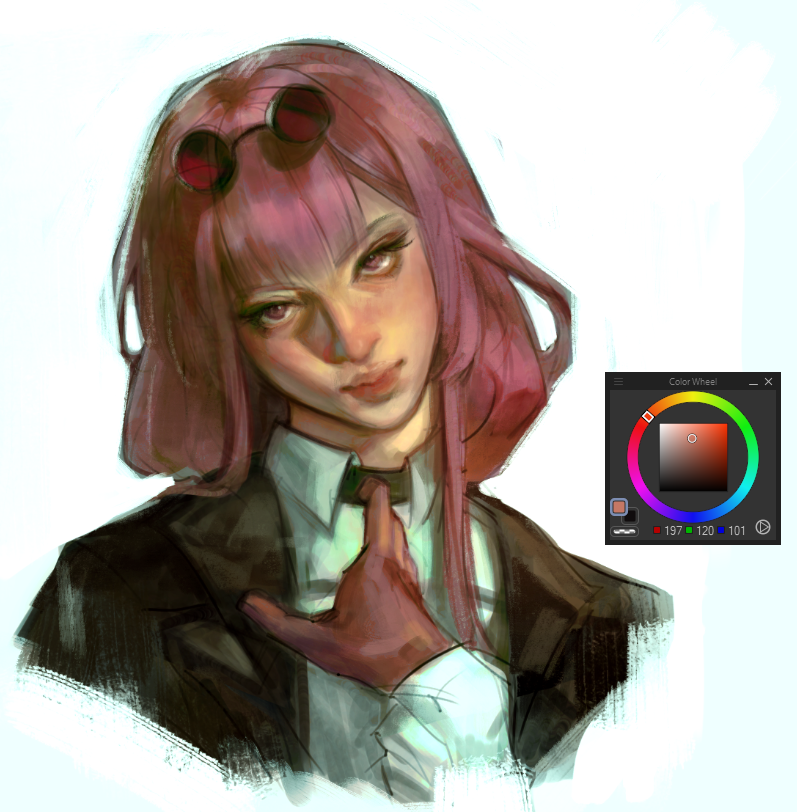 the image is a digital painting of a young woman with pink bobbed hair, wearing darkrimmed glasses and a dark suit.  she appears serious, with her hand adjusting her tie. the art style is a blend of anime and realism, with visible brushstrokes contributing to a textured appearance. a color wheel from an art software application is overlaid on the image, suggesting the image is in the process of being created or edited digitally. the overall impression is one of a stylish, perhaps somewhat mysterious, character.