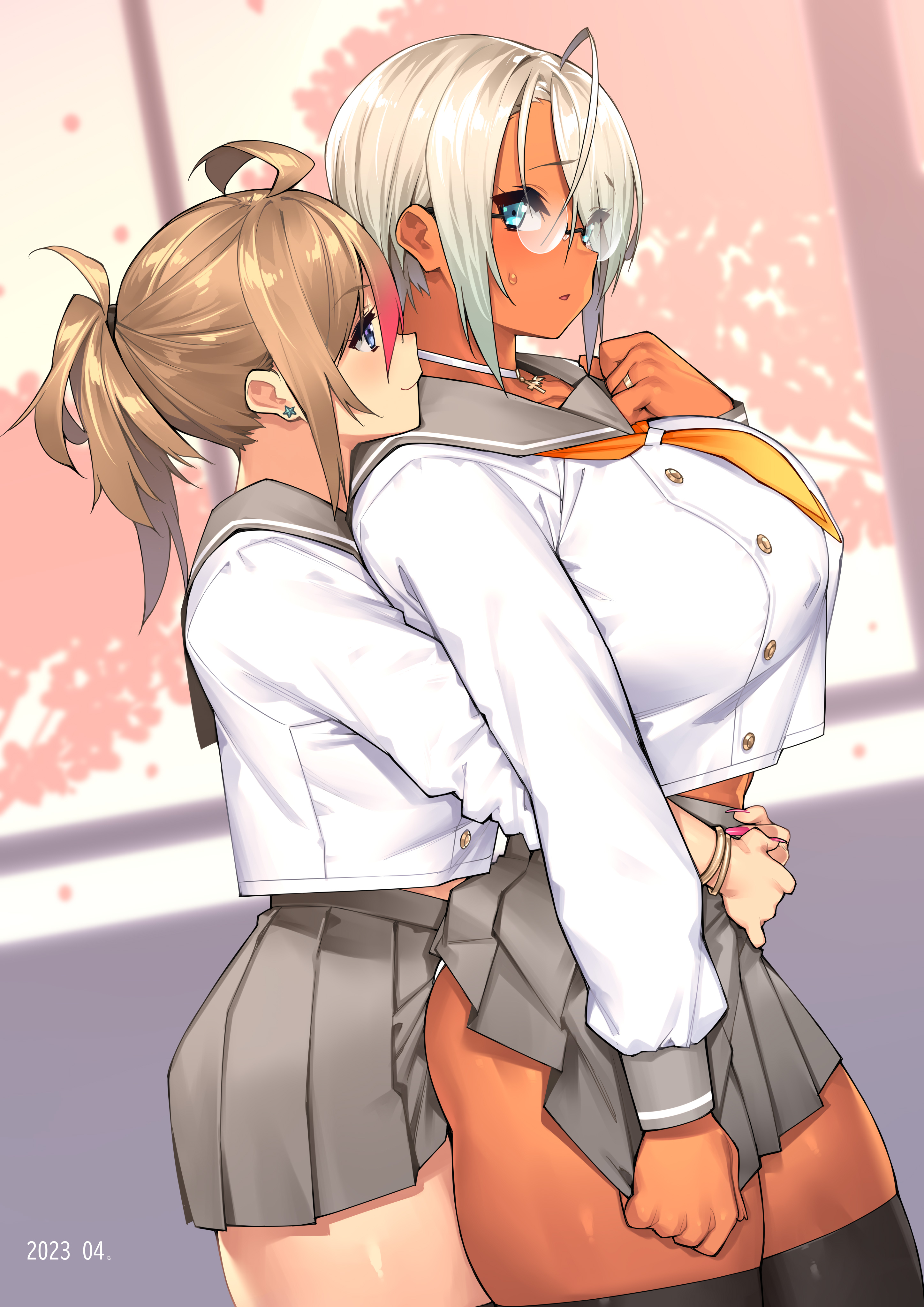 he illustration shows two anime girls in school uniforms. the girl in the front is hugging the girl behind her. the girl in the front has blonde hair and glasses and tan skin. she is wearing a white collared shirt with buttons, a gray pleated skirt, and a yellow tie or ribbon. the girl she is hugging has light brown hair styled in a ponytail and is wearing a similar uniform. they are close together, suggesting a romantic or affectionate relationship. the background is a soft pink with hints of blossom.  the style is characteristic of anime and manga artwork, with soft lines and bright colors. the overall mood is sweet and tender.