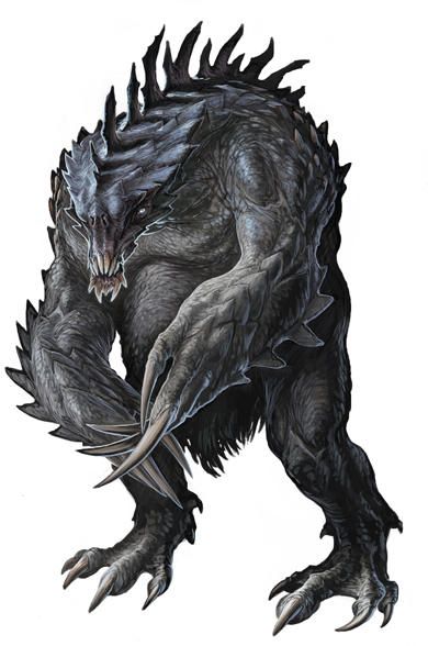 a large, black and gray monster with sharp teeth and claws stands on a white background. it has a spiky back and looks fierce and dangerous. the artwork is digital and detailed, giving the creature a realistic appearance.