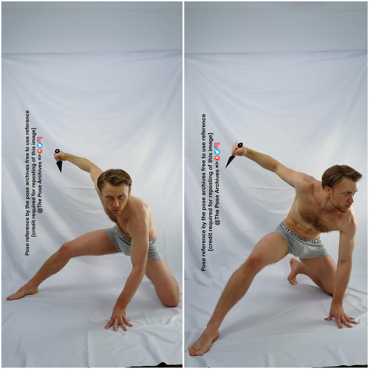 a shirtless man in gray underwear poses against a white background, holding a knife in his right hand. he is in a dynamic action pose, as if he is about to attack. the image is a reference photo for artists.```