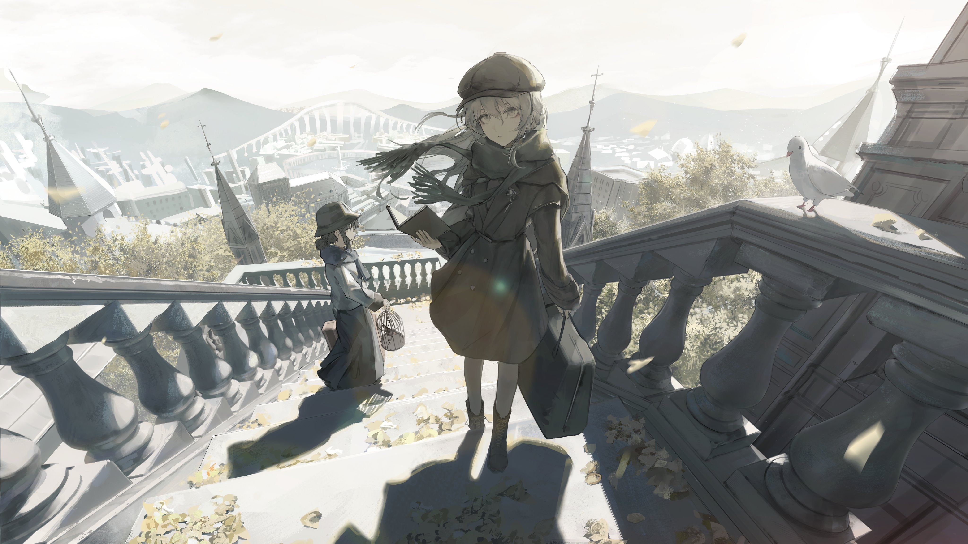 the image depicts two anime women on a stone stairway, possibly in a europeanstyle city. the woman in the foreground wears a hat and coat and carries a book and what appears to be a violin case. the second woman is further down the stairs and carries a caged bird. the cityscape in the background is characterized by buildings with pointed spires, trees, mountains, and a bridgelike structure. a white pigeon sits on the stone railing of the stairs in the foreground.
