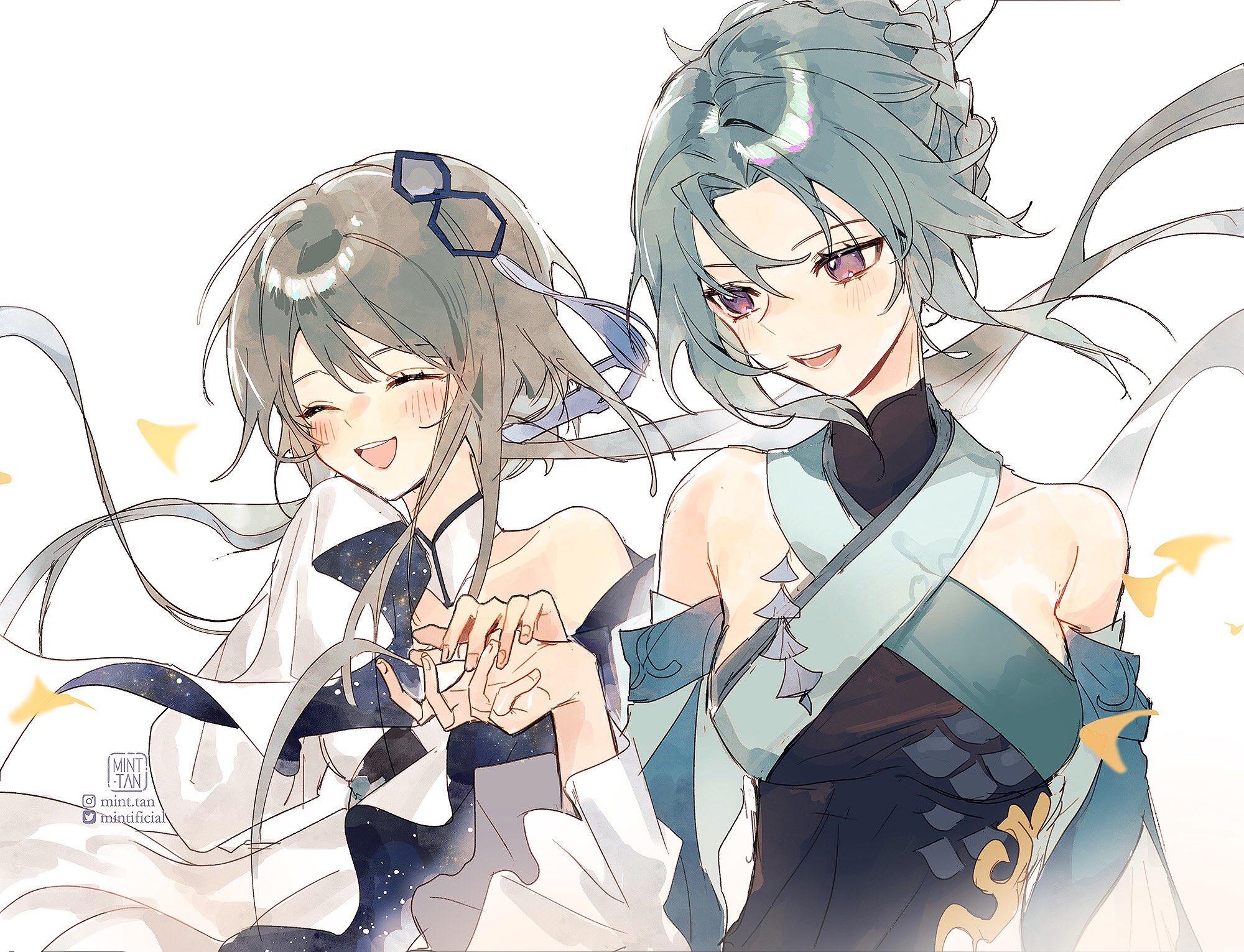 the image shows two anime girls smiling and holding hands. the girl on the left has brown hair, a white dress with blue designs and a blue ribbon on her head. she is looking down with a big smile on her face. the girl on the right has blue hair, a blue dress with black designs and a white ribbon on her head. she is looking down with a big smile on her face. they are both in a happy and carefree mood.