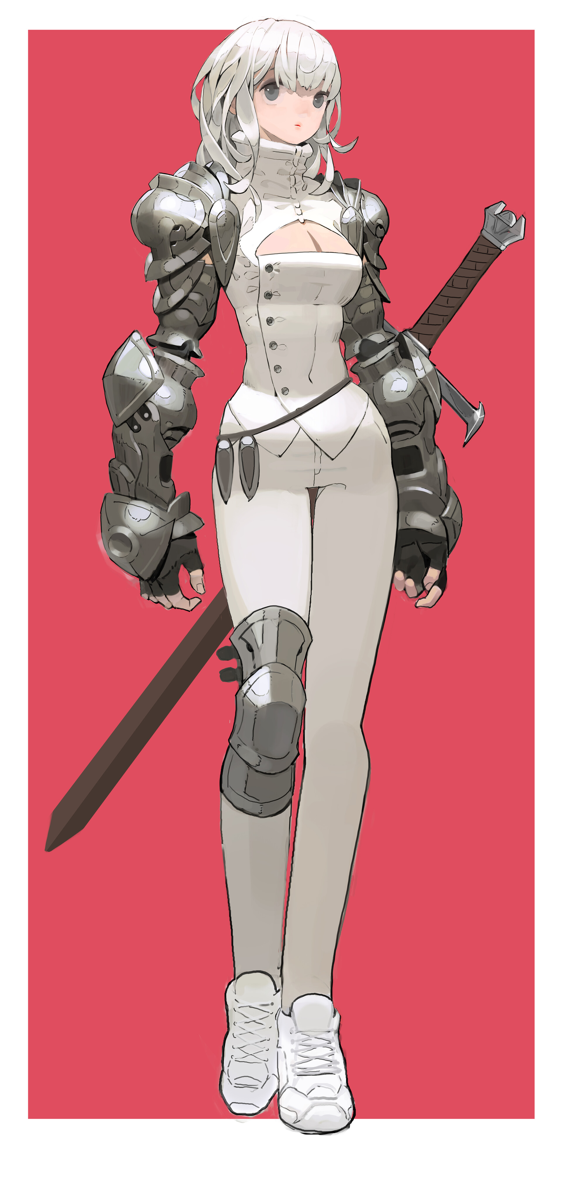 an animestyle illustration of a young adult female with white hair wearing a combination of armor and white clothing, including a white corsetstyle top, white pants, and white sneakers. she has armor on her arms and knees, and she carries a large sword. the background is a solid red color. the style is reminiscent of light novel illustrations.