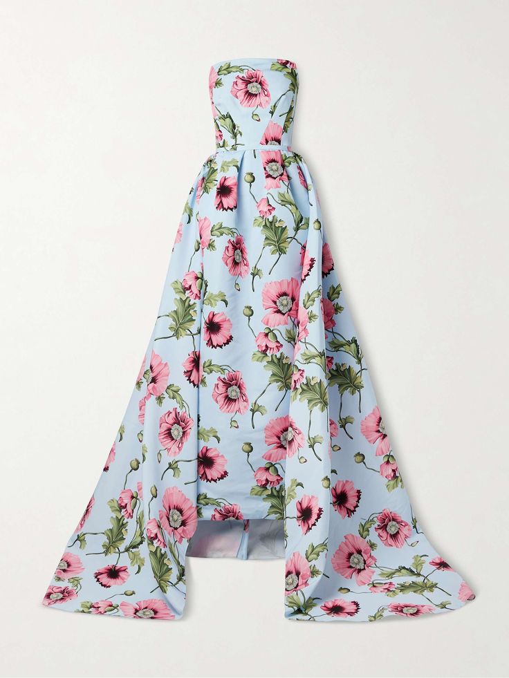 a light blue strapless maxi dress with a poppy floral print. the dress has a fitted bodice and a flowing skirt that falls to the floor. it is perfect for a summer evening or a special occasion. the dress is made of a soft, comfortable fabric and is lined for a smooth and flattering fit.