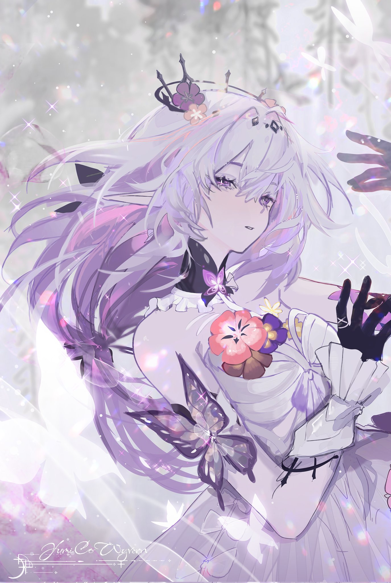 a digital art portrait of a fairskinned anime girl with long, flowing white hair accented with purple. she wears a crown adorned with flowers and a white dress with floral and butterfly details. her hands are covered with black gloves. the background is a soft, light color with sparkles adding to the ethereal atmosphere.