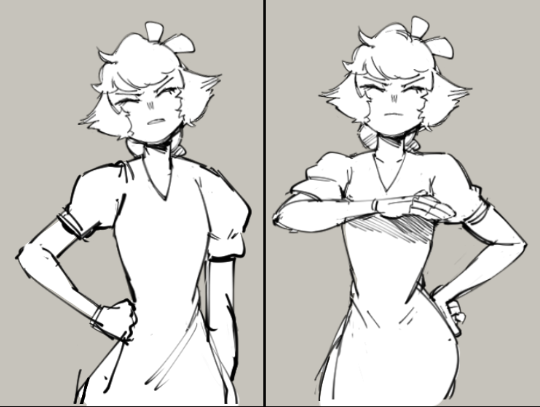 this is a sketch of a woman with her arms crossed in a confident pose. the image is in a cartoon style, done in black and white. the woman has a strong expression on her face and seems to be in a powerful pose.