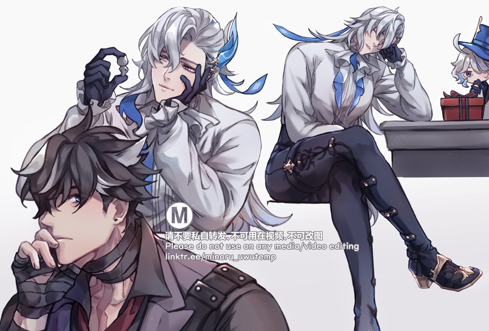 the image features three characters from the popular video game genshin impact, namely albedo, itto and a chibi version of albedo.  albedo, a character with long white hair and blue eyes, is seated with his left hand on his chin and  the right hand holding a small  object. he's wearing a white shirt and black boots.  next to him, itto, a character with black hair and blue eyes, has a serious expression and his right hand is on his chin. he's wearing a black jacket and  a white shirt underneath.  the third character is a small, chibi version of albedo,  sitting on a table with a gift in his hand.  all of the characters are  welldetailed and intricately drawn, with expressions and body postures that convey their personalities. the background is simple, but the overall image is captivating and visually appealing.  the art style is animeinspired, with smooth lines and vibrant colors.