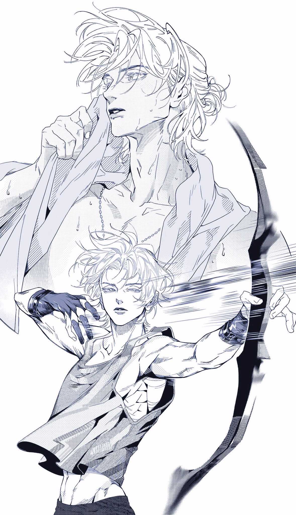 the illustration features two anime/manga style male characters. the one in the background is standing with a relaxed, almost casual pose,  wearing a shirt that has slipped off his shoulders, and the one in the foreground is in a dynamic, actionfilled pose.  the characters are both  muscular, handsome, and stylish, with a cool and confident air about them. the overall tone of the illustration is energetic and dynamic, with a hint of a mysterious and captivating aura.