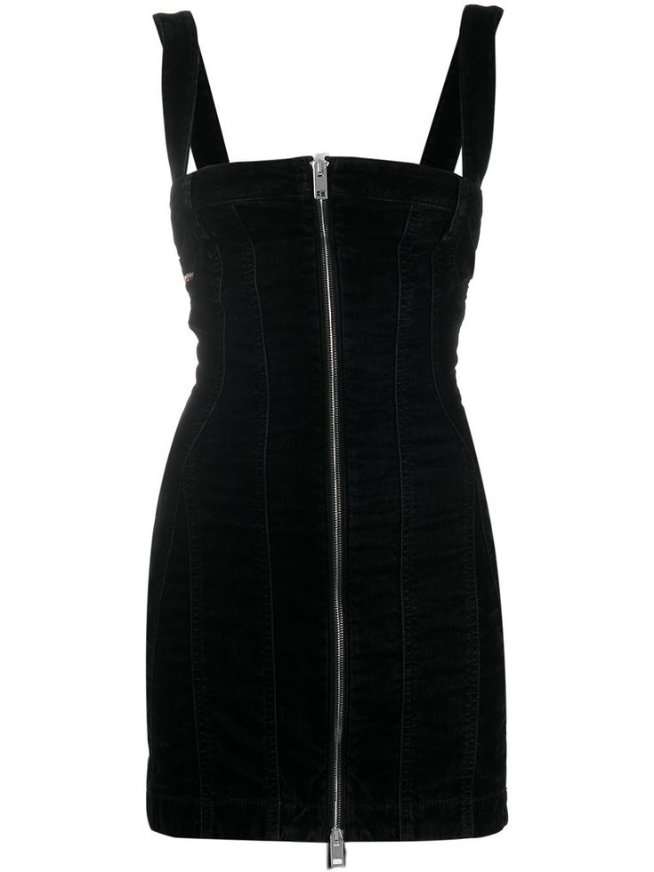 a black, fitted mini dress with straps and a straight neckline is displayed. the dress features a prominent zipper running down the front.