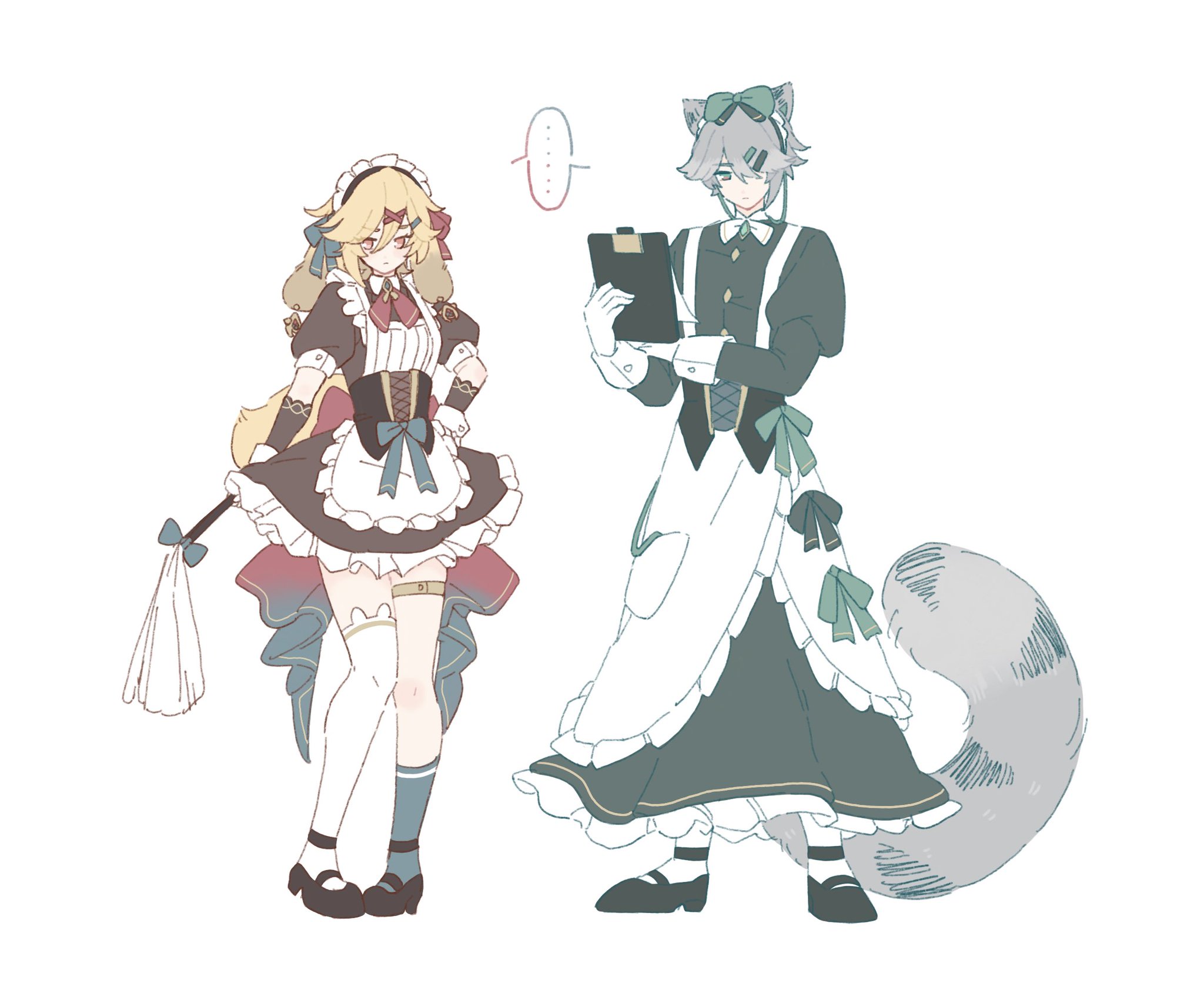 the image is a digital drawing or fanart featuring two animestyle characters dressed in maid outfits.  the female character has long blonde hair, a red and darkcolored maid dress with a white apron, and white kneehigh socks and shoes.  she carries a small dustpan. the male character has grey hair, a raccoon tail, and wears a similar style maid outfit in shades of green and black, holding a clipboard. both characters have a somewhat surprised expression, and the background is plain white with a small thought bubble near the female character's head. the art style is soft and slightly sketchy.