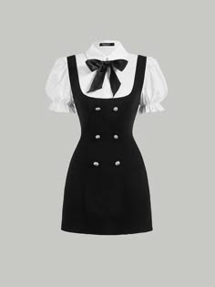 a black dress with a white blouse with a black bow tie. the dress is a classic style with a doublebreasted front and a high neck. the blouse is a simple, loosefitting style with short sleeves. the bow tie is a classic accessory that adds a touch of sophistication to the outfit. this outfit is perfect for a school girl or anyone looking for a cute and stylish outfit.