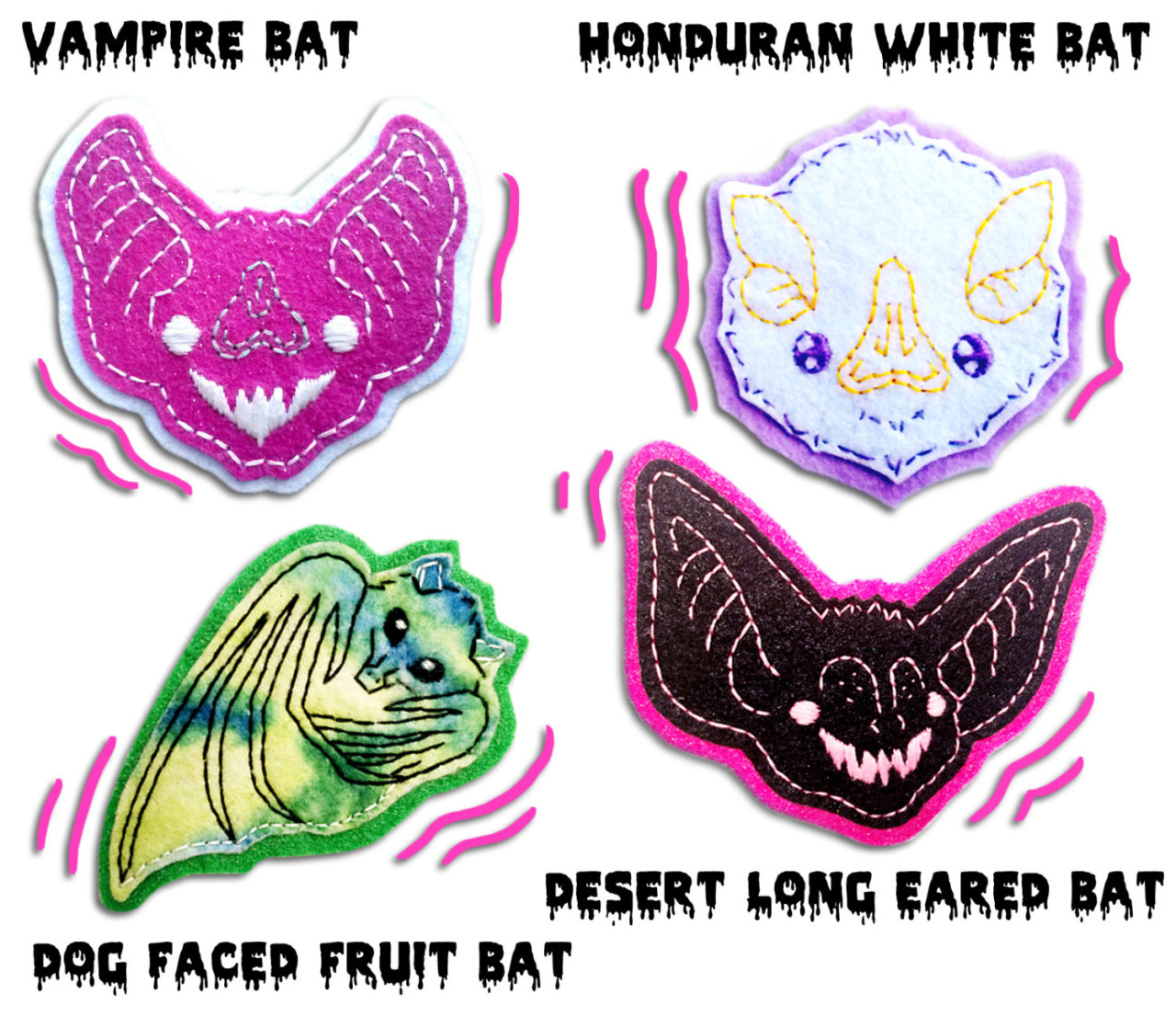 the image showcases four uniquely designed and embroidered bat patches. each patch depicts a different bat species: a vampire bat (pink), a honduran white bat (purple and white), a dogfaced fruit bat (green and yellow), and a desert longeared bat (black and pink).  the patches are crafted from felt and feature stitched details and expressive eyes, giving them a cute and whimsical appearance.  the background is white, and pink wavy lines surround each patch, adding a playful design element.  the name of each bat species is written in a dripping, stylized font beneath its corresponding patch.