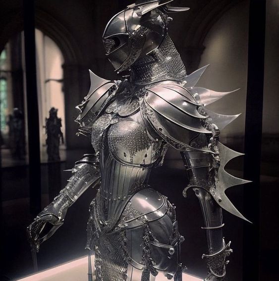 a meticulously crafted, ornate suit of fantasyinspired female armor stands on display. it features sharp angles, pointed edges, and intricate detailing, suggesting a blend of medieval craftsmanship and mythical elements. the lighting accentuates the metallic sheen and highlights the piece's dramatic form.