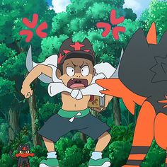 a young male anime character with brown skin and black hair  wearing a white cape, green shorts, and a red and white hat is yelling angrily with his mouth wide open at an unseen opponent offscreen to the right.  he appears to be a pokemon trainer.  another pokemon with black and orange fur is in the foreground on the right, also looking angry with its mouth open.  they appear to be in a dense green forest with tall trees and sunlight shining through.  a small, black catlike pokemon is visible behind the boy on the left.