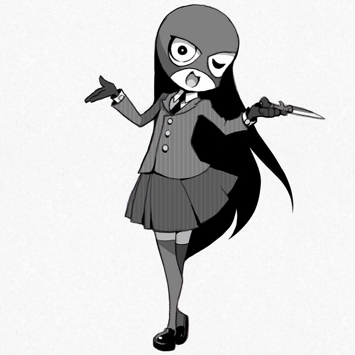 a black and white drawing of a young girl wearing a school uniform and a full face mask.  she is holding a knife in one hand and gesturing with the other. the style is reminiscent of manga or anime.
