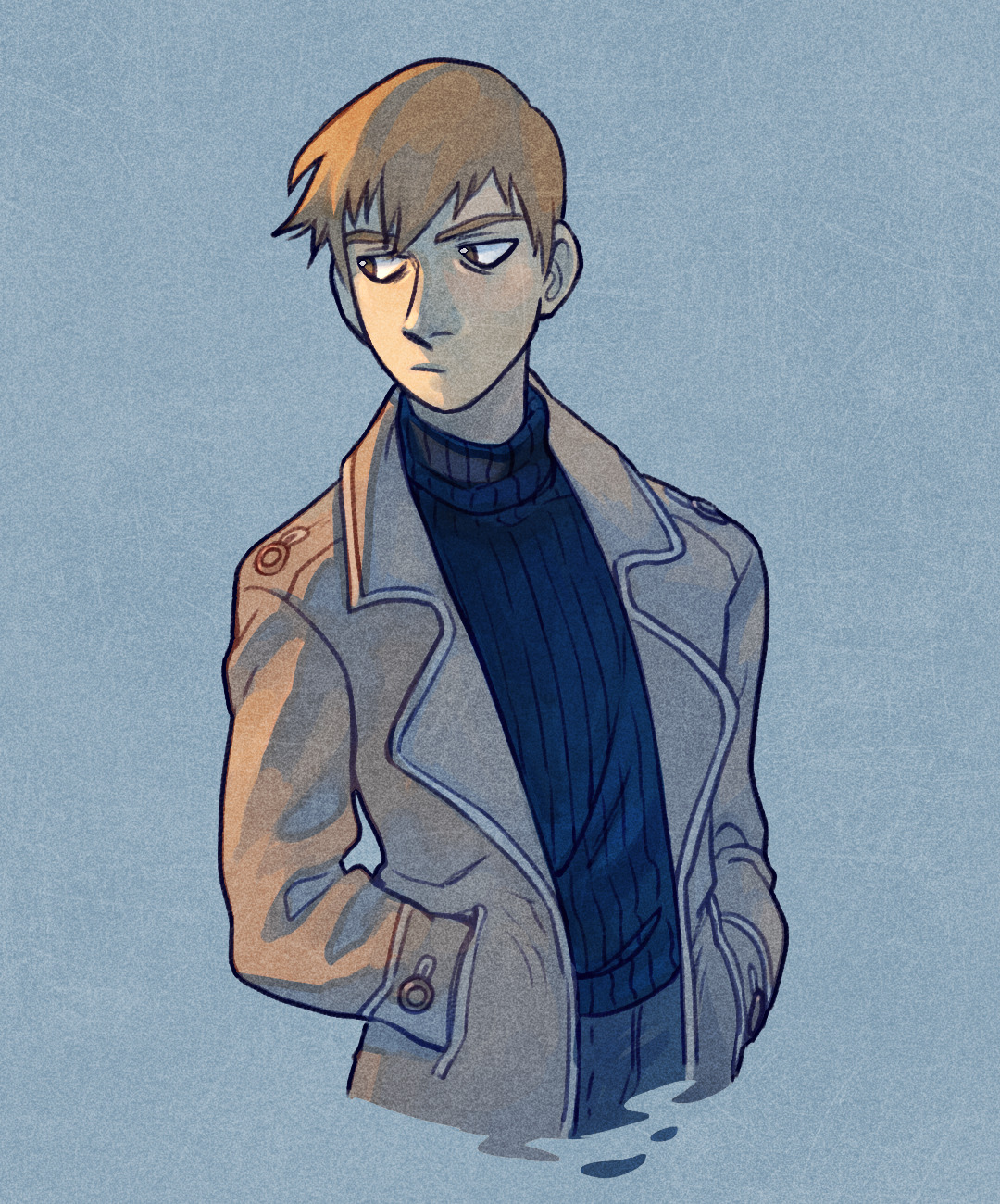 a digital illustration of a young man with short brown hair and an impassive expression. he is wearing a navy turtleneck sweater and a light brown coat. the background is a solid light blue color. the style of the illustration is semirealistic with visible linework and soft shading.
