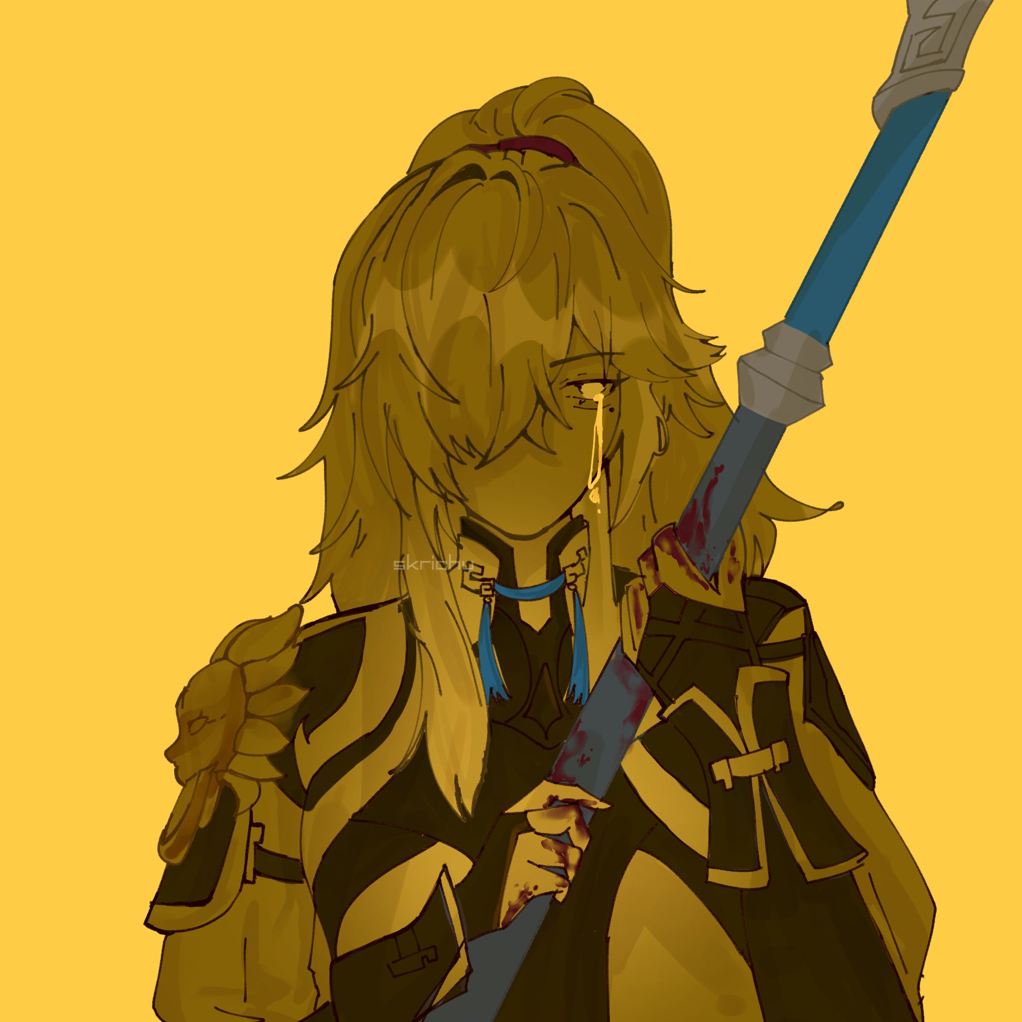 this is a digital art piece of an anime girl. she is crying and holding a weapon stained with blood. her hair is blonde and she is wearing blue and gold armor. the background is yellow.