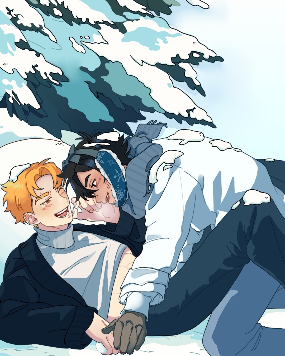the image is a digital drawing in an anime/manga style depicting two young men, seemingly a couple, enjoying a snowy day. they are lying in the snow, nestled together under a snowcovered evergreen tree. one man, with shorter orange hair, is lying on his back, smiling and looking up at the other man who's leaning over him. the second man, with longer dark hair, is wearing a white jacket and a scarf with snowflake pattern, has his arm around the other man, and is gently blowing on his face.  their expressions are affectionate and playful, suggesting a close and loving relationship. the overall tone is warm and romantic, emphasizing the intimacy of their moment in a winter setting.