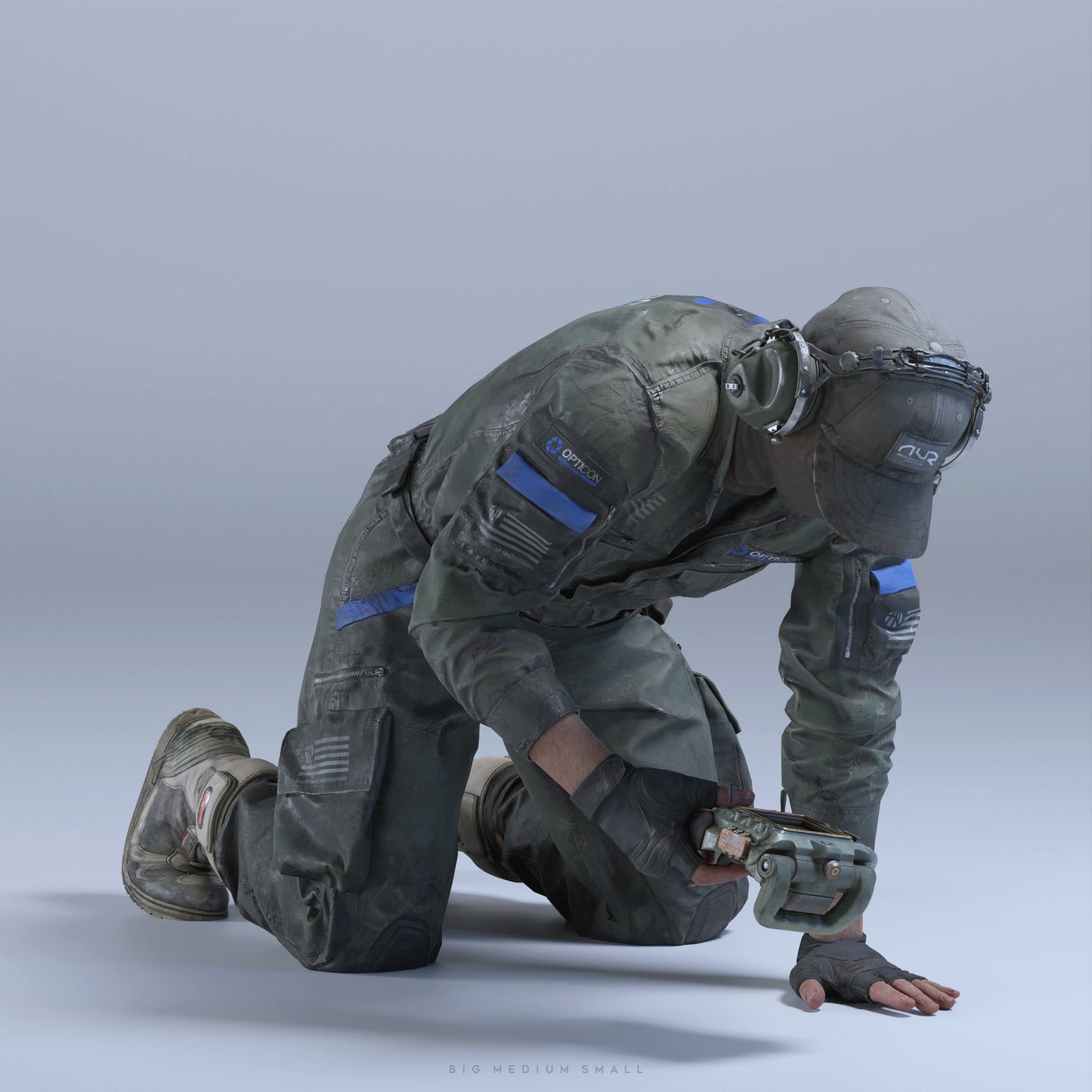 the image is a highquality 3d render of a soldier kneeling on the ground. the soldier is wearing a futuristic, olive green combat suit with blue accents, including patches that suggest both military and advanced technology affiliations ("optics" and "a.r.c." are visible). the suit shows signs of wear and dirt, adding to the realism. the soldier is equipped with a headset, gloves, and what appears to be a small technological device or weapon held in their hands. the background is a simple, neutral light gray, placing all focus on the detailed character model. the overall style suggests a game character or concept art for a scifi/military setting. the pose suggests action or investigation, and the level of detail in the render is very high.  the caption "big medium small" at the very bottom likely refers to sizing or variations of the model.