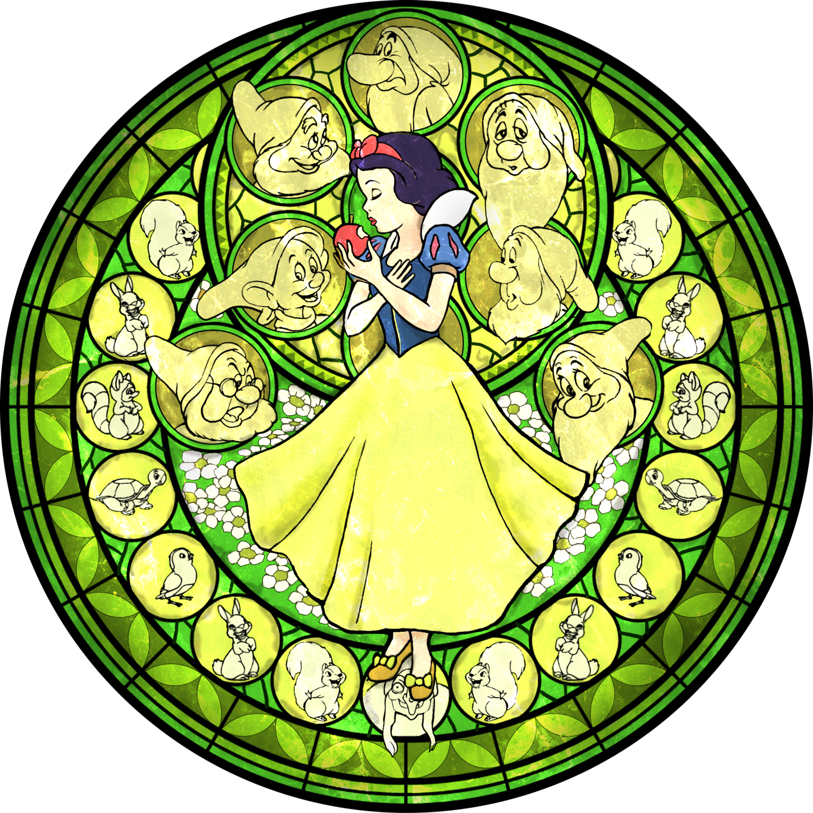 the image is of a circular stained glass window depicting snow white from the fairytale snow white and the seven dwarfs.  snow white is in the center, holding the poisoned apple, wearing her iconic yellow dress. surrounding her are the seven dwarfs and various forest animals like rabbits, doves, and a turtle.  the background is a stylized forest with flowers and leaves.  the colors are vibrant and the overall effect is magical and enchanting.