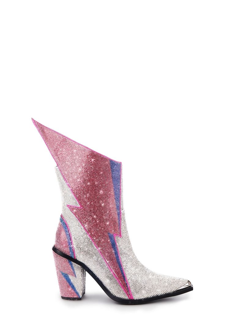 a single, eyecatching boot is displayed against a stark white background. the boot is predominantly silver, but features a striking pink lightning bolt design that adds a playful and unique touch. the heel of the boot is blocky and provides sturdy support. the overall design of the boot is bold and avantgarde, making it a statement piece of footwear.