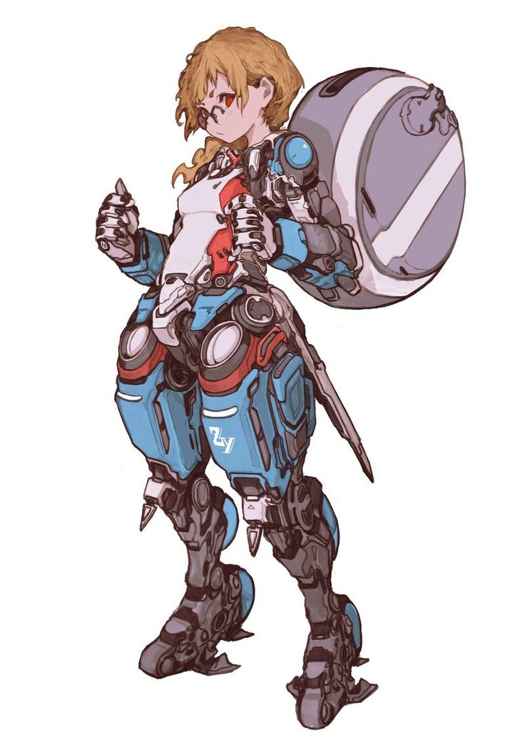 a young woman with blonde hair and glasses is depicted wearing a sleek, white, blue, and red mecha suit. the suit appears to be formfitting, highlighting her physique, and is equipped with various mechanical components and joints. she has a large, round, grey backpack strapped to her back, adorned with a small, stylized rabbit design. her posture is confident, with one fist clenched and the other hand resting on her hip.