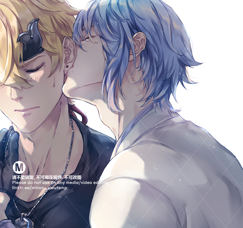 this is an animestyle illustration of two young men hugging and kissing. the man on the left has blonde hair and is wearing a black jacket and a silver necklace. the man on the right has blue hair and is wearing a white shirt. the drawing is in a soft and romantic style, with a focus on the intimacy between the two characters. the background is a light and airy, suggesting a sense of love and tenderness.