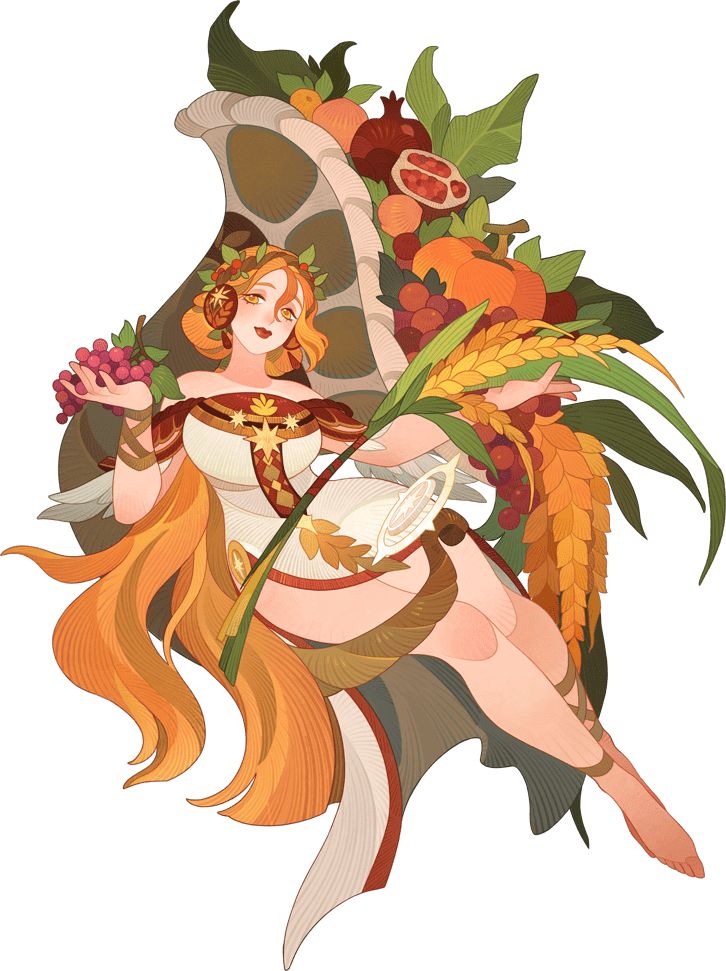 the image is a vibrant digital painting or illustration of a goddesslike figure associated with harvest and abundance. she has long, flowing orange hair and wears a flowing white dress adorned with autumnal colors and patterns. she is surrounded by a cornucopia of fruits, vegetables, and wheat, indicative of a bountiful harvest. her expression is serene and joyful.  she appears to be seated or perched on a large shelllike form. the overall style is whimsical and ethereal, with rich colors and a fantastical aesthetic.  the artwork is detailed and has a painterly quality.