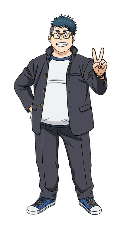 an anime character with short, spiky teal hair and glasses stands with his right hand in his pants pocket and his left hand giving a peace sign. he is smiling and wearing a dark gray suit jacket over a white shirt and dark gray pants. he is also wearing blue and white sneakers. the background is white.