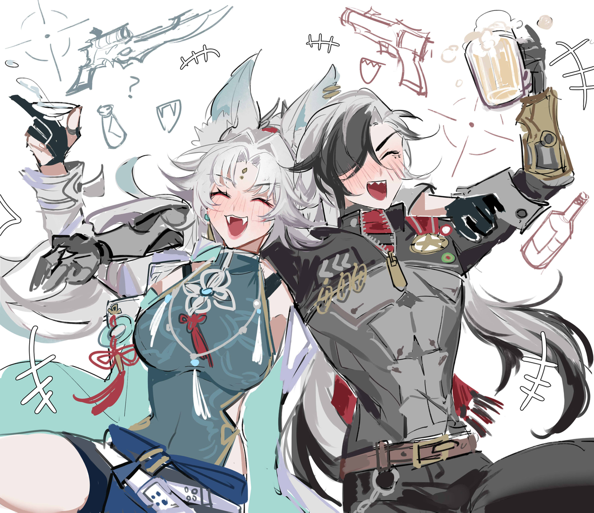 the image is a digital drawing of two anime characters, a girl and a boy, who are friends, celebrating at a party, the girl is in blue and green outfit and holding a glass of drink while the boy is in black and gray outfit holding a bottle and beer mug. they are both smiling and seem happy.  the background is white with some scribblelike drawings of objects, including a gun and a bottle. the art style is simple and sketchy.