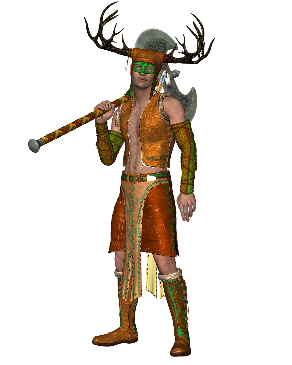 a fullbody digital rendering depicts a fantasy male character or warrior standing against a solid black background. he is clad in tribalinspired attire, featuring tanned leather garments with green patterned accents. the character wears kneehigh boots with ornamental designs, a short skirtlike garment with a decorative belt, a sleeveless top, and arm coverings matching the green accents elsewhere. he has a green mask covering his eyes and a headdress adorned with feathers and antlers. an axe rests on his shoulder, adding to the warrior aesthetic. the art style suggests a stylized or digital painting technique.