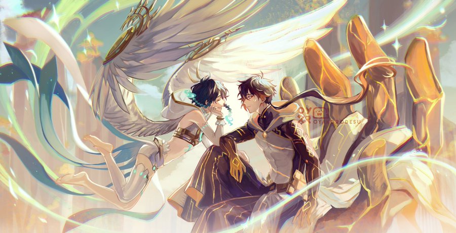 the image is a digital artwork of a male and female anime couple. the male character is dressed in gold and white clothing and has long black hair. he has his arm around the female character who is dressed in white and blue clothing and has short dark blue hair. the female character has angel wings. they are both floating in the air, surrounded by light and abstract shapes. the background is a mix of blues, greens, and golds. they are both smiling and look to be very much in love.