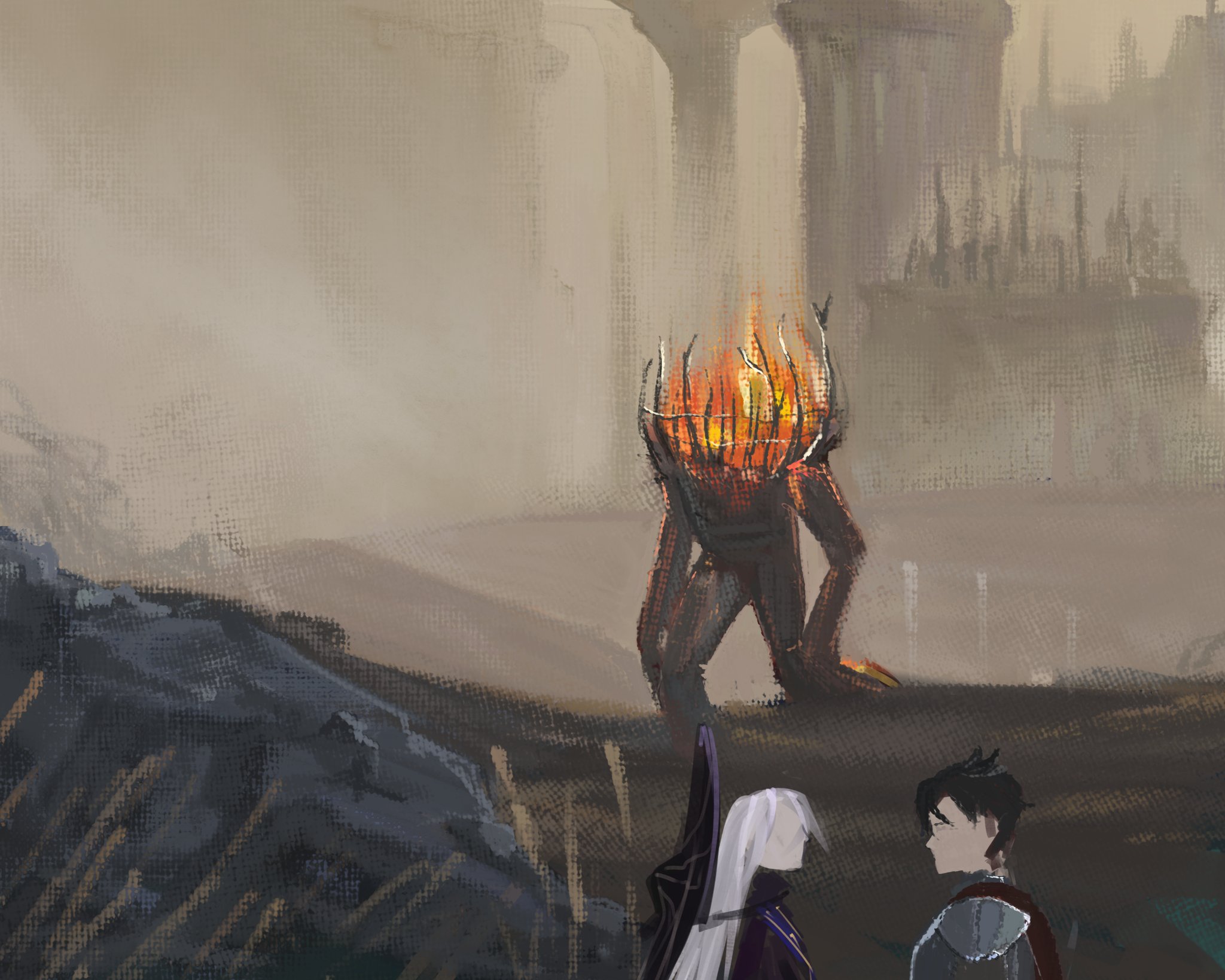 a fantasy game artwork with two characters, a knight and a warrior. the characters are facing a monstrous fire creature with a head made of branches and fire in its crown. they are standing on a path in front of ruined buildings. the environment is dark and spooky. this is a digital painting.