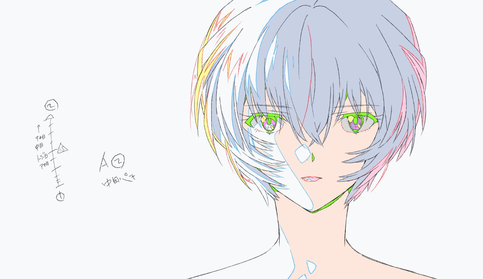 this is a portraitstyle, line art illustration of a young man. the illustration appears to be a character design or concept art, possibly for an anime or manga. the character features a striking split hair color design with one side being a mix of white and pastel rainbow colors, and the other side a more subdued gray. he has vibrant green eyes with a hint of pink, adding to his unique look. he has a mark under his left eye, resembling a diamond. his expression is neutral, bordering on serious. the artwork is clean, utilizing primarily thin black lines on a white background, emphasizing the character's design and leaving room for color fills. there are some japanese annotations visible, likely notes about the character or design elements.