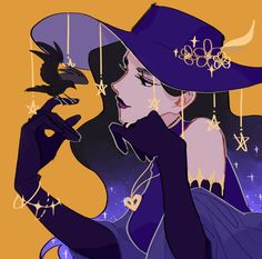 the image showcases a stylized portrait of a young woman, likely a witch or sorceress, set against a solid orange background. she is adorned with an elaborate widebrimmed hat decorated with stars and floral motifs. a small, black dragon, possibly her familiar, perches on her elegantly gloved finger. her attire, primarily in shades of purple and blue, is accented with gold jewelry, further emphasizing the magical theme. her expression is serene yet powerful, hinting at a world of magic and mystery.
