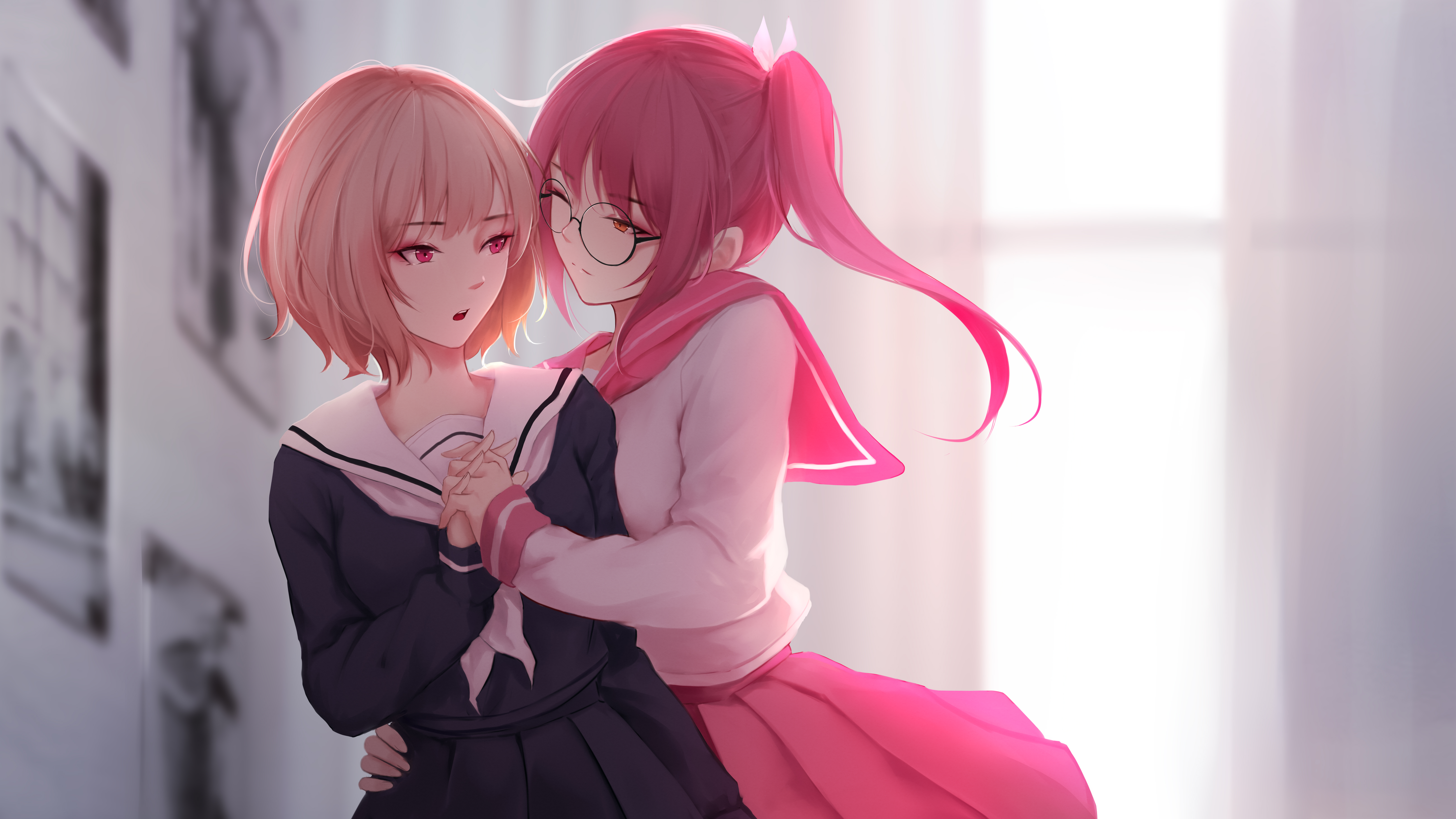 two anime girls are embracing in a loving gesture. one girl has short, light brown hair and red eyes, wearing a dark blue school uniform. the other girl has bright pink hair in a ponytail, wearing glasses and a pink school uniform with a white sweater. they are holding hands and smiling at each other in front of a bright window and a blurred background that includes a building. the scene depicts a sweet and intimate moment between the two girls.