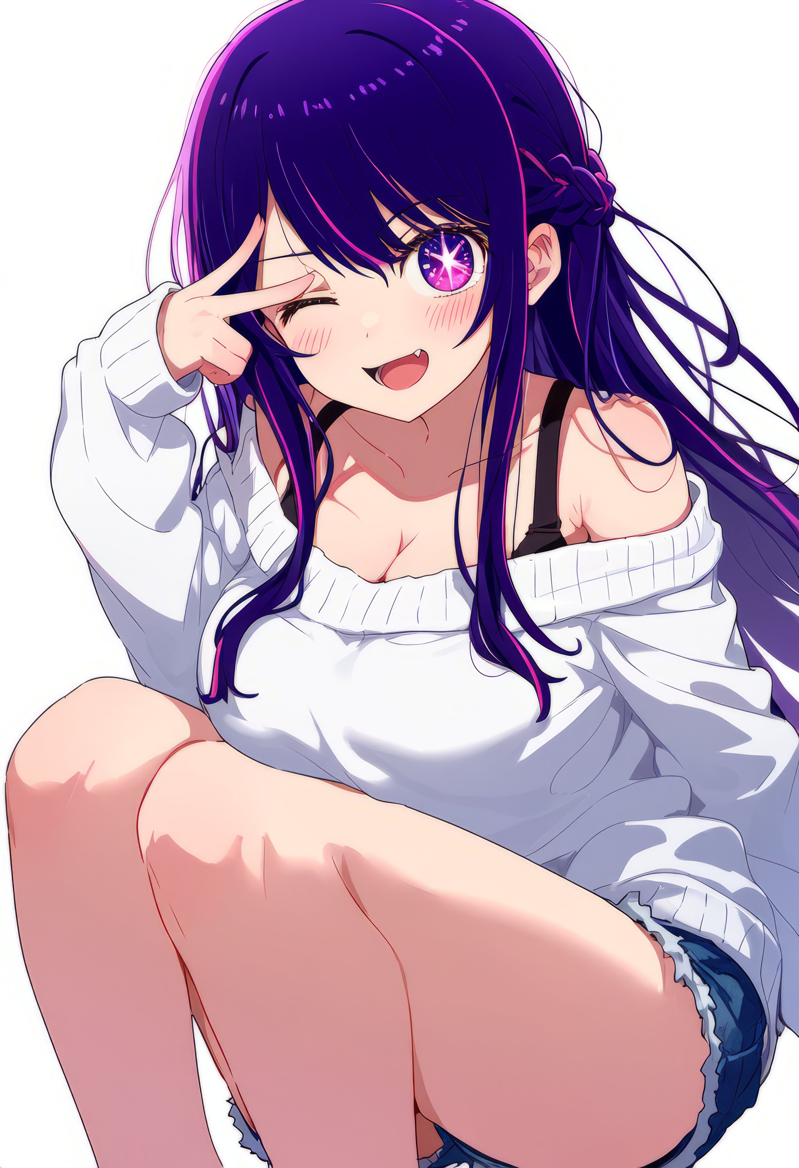 a purplehaired anime girl with striking blue eyes sits in a relaxed pose, winking and flashing a peace sign. she wears a cozy white offshoulder sweater and denim shorts. her vibrant hair cascades down, framing her playful expression. the image is brightly lit, creating a cheerful and inviting ambiance.
