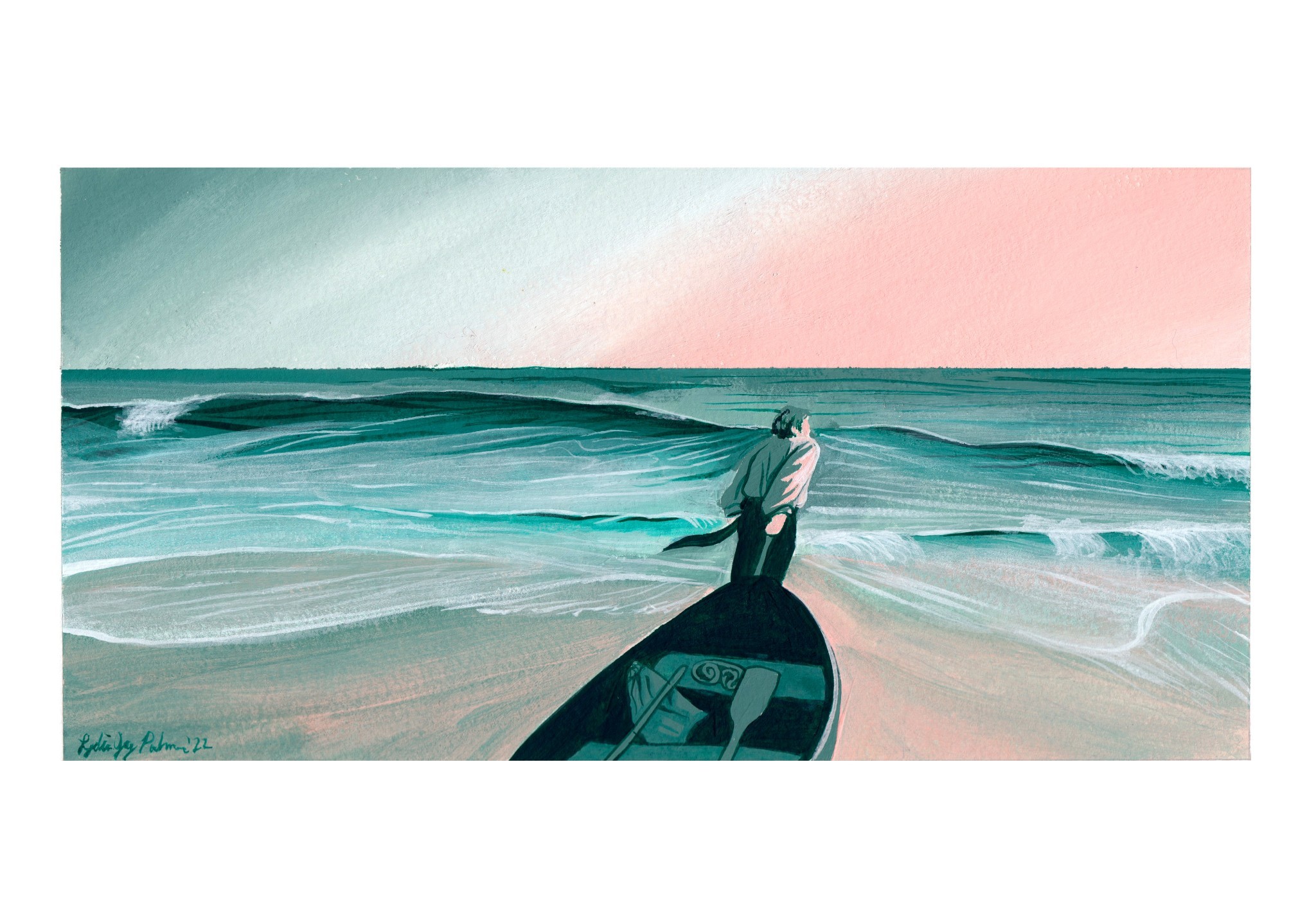 a lone man stands in a small, simple rowboat on the ocean, gazing towards the horizon where a soft sunset paints the sky with hues of pink and green. the water is a mixture of teal and turquoise, with gentle waves lapping at the boat. the overall atmosphere is one of peace and tranquility.