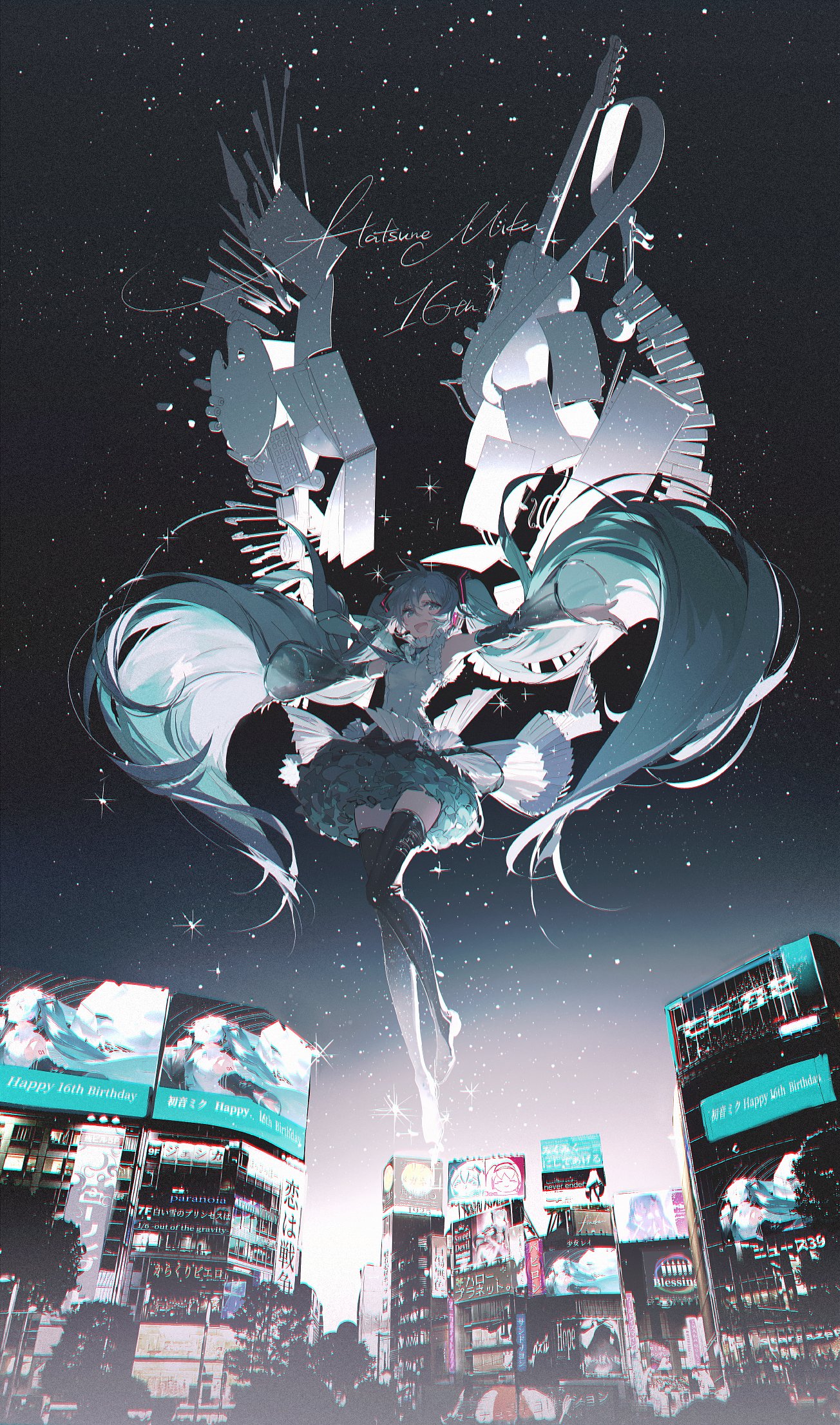 the image is a digital illustration of hatsune miku, an animestyle character, floating above a cityscape at night. miku is depicted in a dress and has her signature long turquoise hair. above her head are abstract shapes reminiscent of musical instruments. the city buildings are covered in large billboards, some of which display "happy 16th birthday" messages. the background is a dark, starry sky. the overall tone of the image is celebratory and fantastical.
