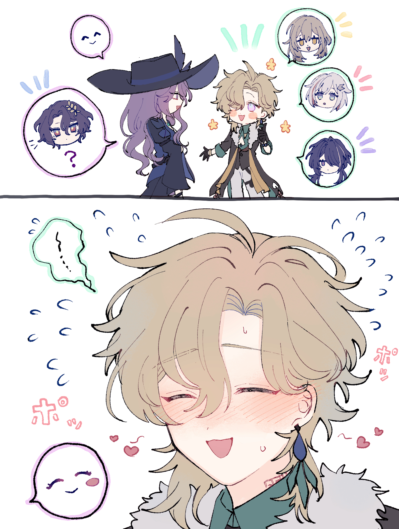the image is a colorful animestyle illustration featuring a group of chibistyle characters.  the main focus is on a blushing, smiling blonde boy with slightly long hair, who appears to be happily observing or reacting to something.  surrounding him in smaller panels are several other characters, including a girl in a witchlike hat and other individuals in various styles. there are speech bubbles and thought bubbles indicating conversations or internal thoughts, adding to the narrative. the overall aesthetic is cute, pasteltoned, and whimsical.  the style suggests fanart, possibly of characters from a game or animation.