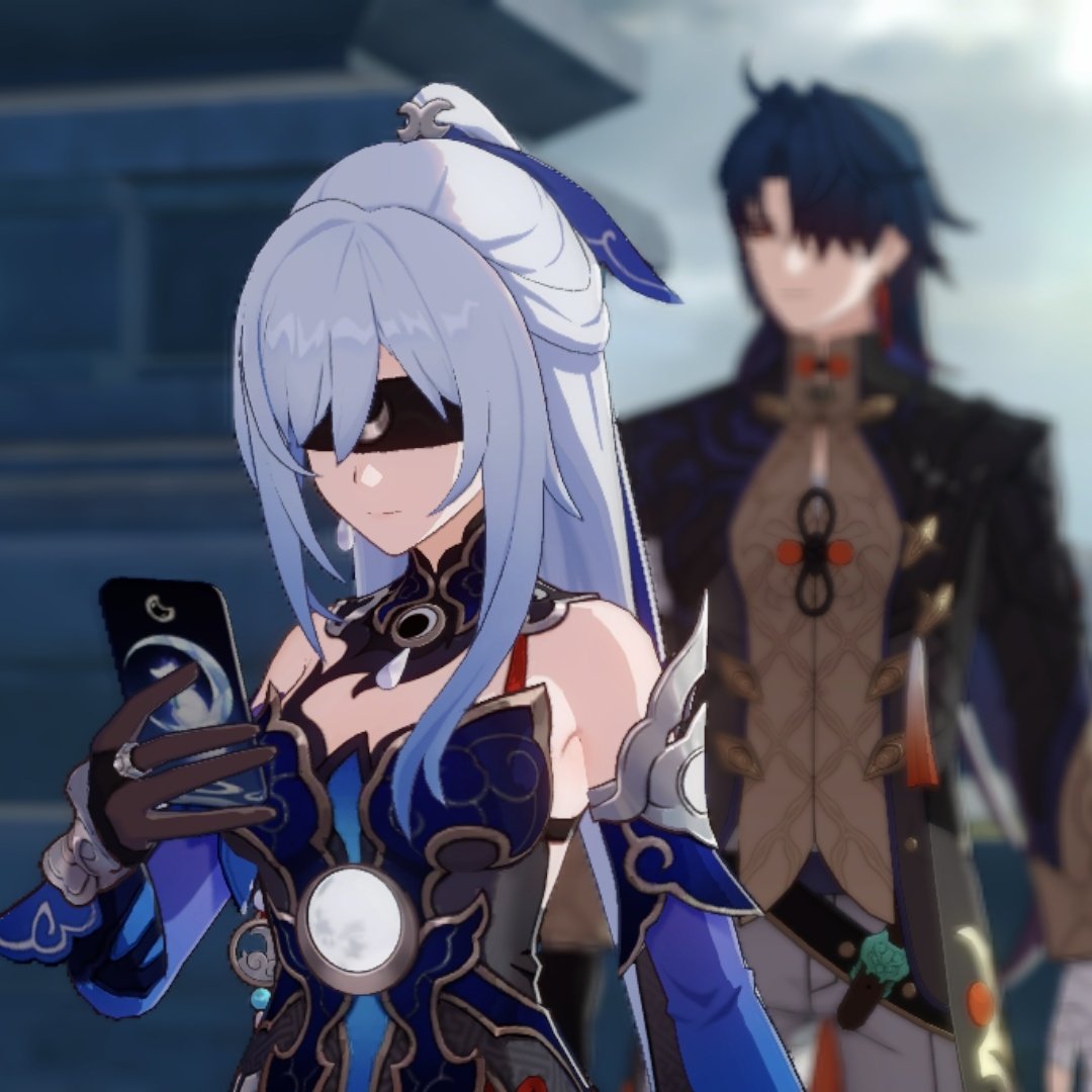 a digital illustration of ganyu and childe from genshin impact. ganyu is on the left side of the image, and childe is on the right. ganyu has her back turned to the viewer, and childe has his back turned to the viewer. ganyu is holding a phone in her left hand.