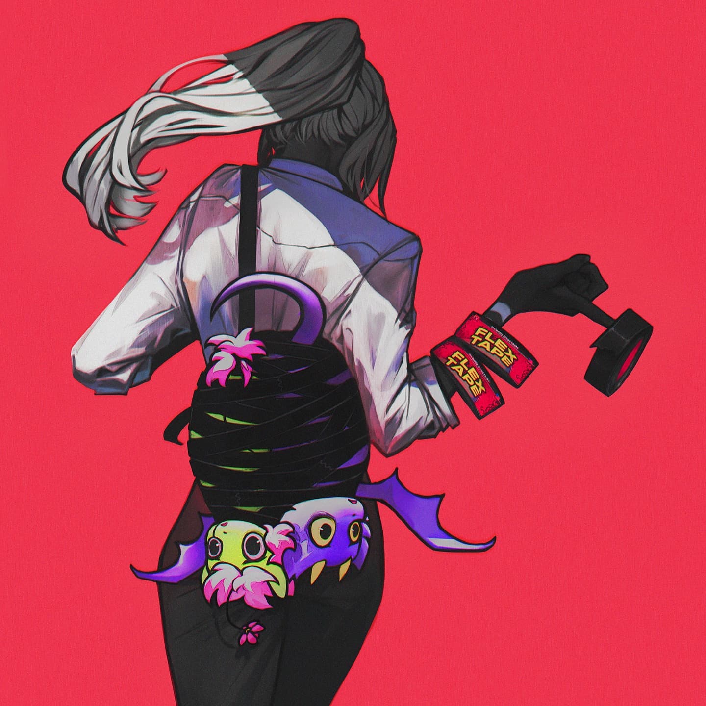 the artwork depicts a stylized anime/mangainspired female character from the back, her long grey hair flowing dynamically. she's wearing a white shirt with suspenders and black pants.  a prominent feature is a backpack seemingly wrapped haphazardly in black duct tape, containing or concealing two small, fantastical, vibrant creatures, one purple and one pink. the character holds a roll of "flex tape" (a brand of strong adhesive tape) in one hand, suggesting a playful or slightly mischievous persona. the overall style is vibrant, graphic, and surreal, set against a bold red background. the scene suggests action or movement.