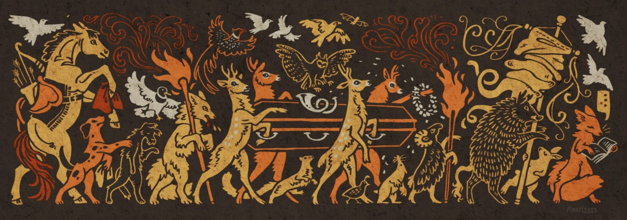 this is a whimsical illustration in warm tones, evocative of a medieval tapestry. it depicts a funeral procession of stylized animals carrying a coffin adorned with a flower crown. the animals include deer, birds, dogs, a wolf, and an owl. the procession is set against a dark background with swirling patterns suggesting a forest setting. the overall mood is one of solemn celebration and the cycle of life and death in the natural world.
