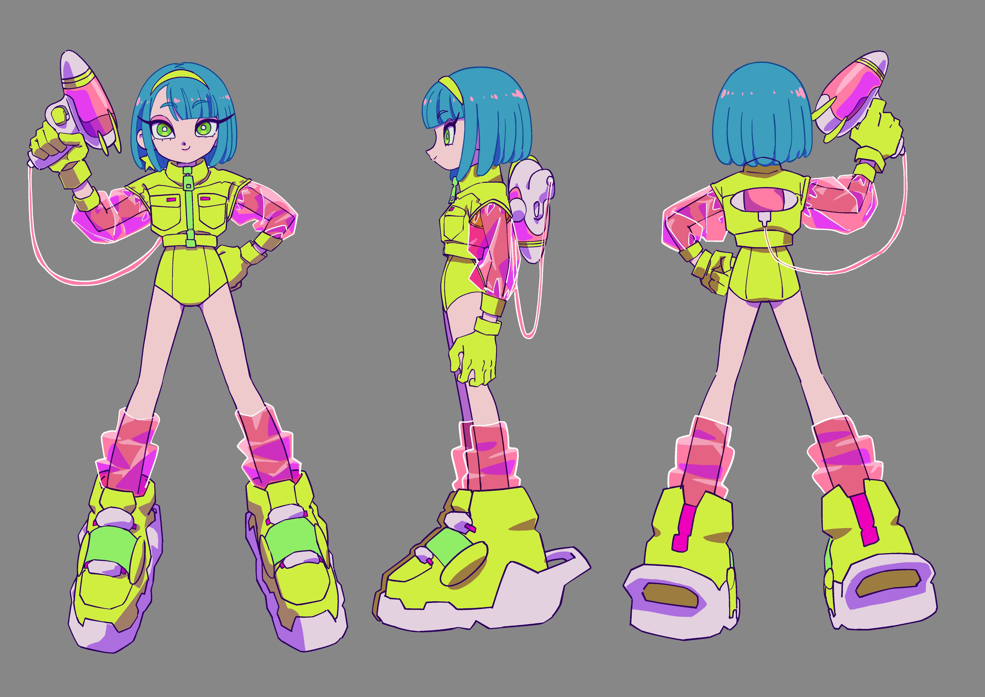 a digital illustration of a girl wearing a futuristic yellow jumpsuit with pink accents, showcased in a threeview character design sheet, common in concept art. the girl has blue hair and is holding a pink and yellow ray gun. the background is a solid gray.